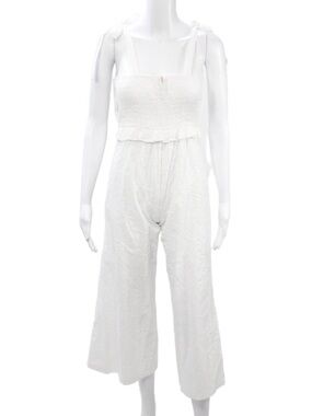 Miss XS White Tie-Shoulder Smocked Jumpsuit